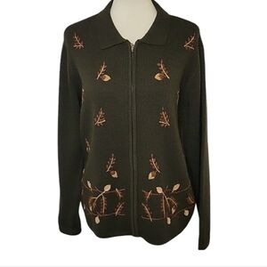 Vintage Classic Elements Green Embroidered Leaf Full Zip Sweater Jacket Women L